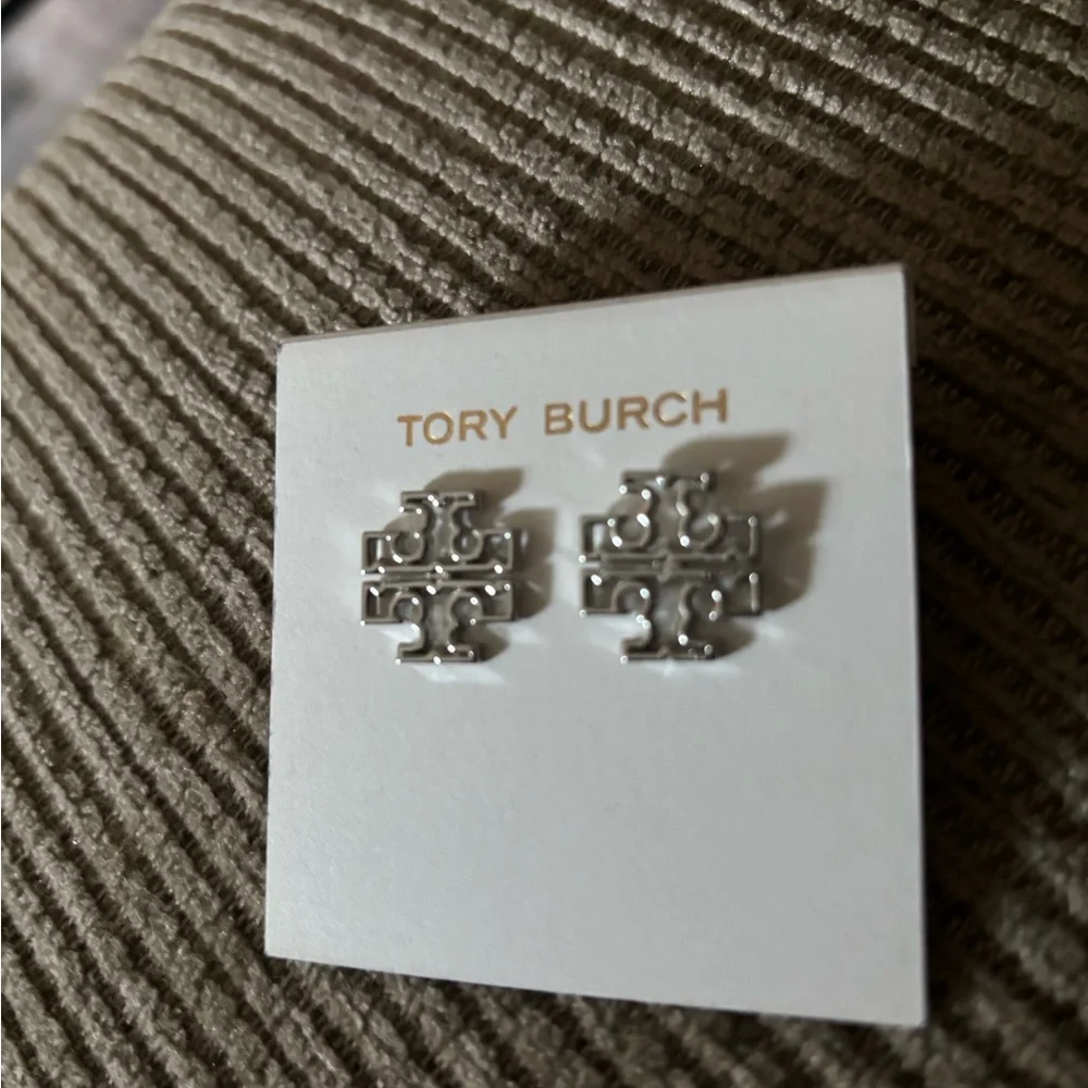 Tory Burch Silver Logo Stud Earrings - Picture 2 of 2